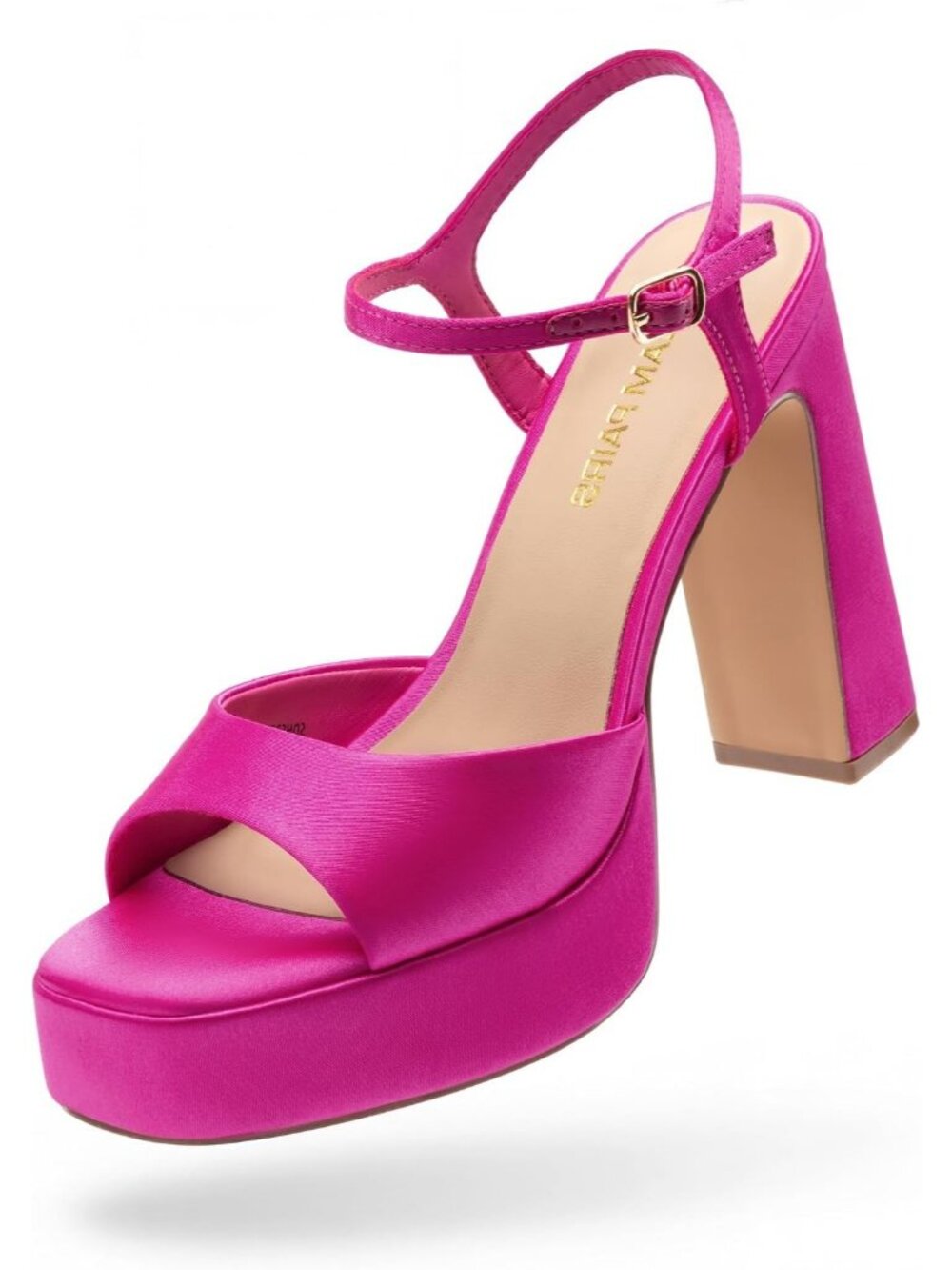 Women's Hot Pink Satin Comfort Square Toe Chunky Ankle Strap Block Heel Sandals